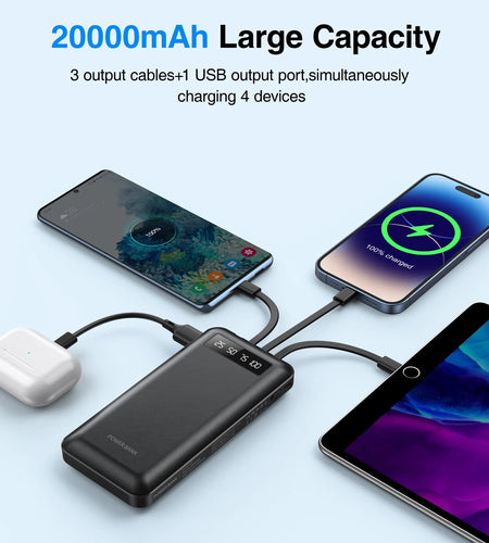 20000Mah Power Bank Portable Charger with Cables, USB Fast Charging for Phone