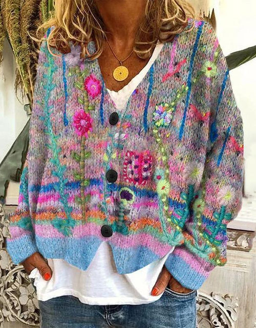Load image into Gallery viewer, New Christmas Abstract Flowers Printing Sweater Fashion Casual Short Cardigan Coat Womens Clothing
