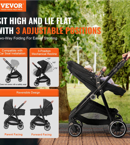 Standard Baby Stroller, Infant Toddler Stroller with Bassinet, 3Rd-Gear Adjustable Backrest & Foldable & Reversible Seat, Carbon Steel Newborn Stroller with Leg Cover and Mesh Net, Black