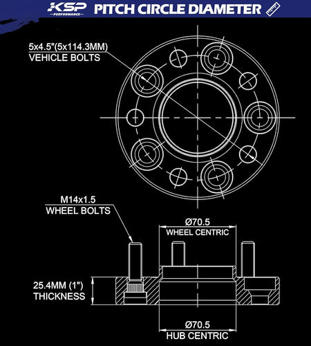 KSP 5X4.5 Mustang Wheel Spacers,25Mm Thick M14X1.5 Thread Pitch 70.5Mm Hub Bore Tire Spacers Adpters Fit for 2015-2022 Ford Mustang GT500 GT350 Mach 1,Package of 4(Black)