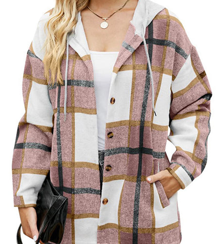 Flannel Shirts for Women Button down Plaid Shirt Hooded Shacket Jacket with Pocket