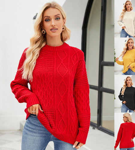 Casual Round-neck Pullover Sweater Fall Winter Solid Color Cable-knot Pattern Tops Women Clothing