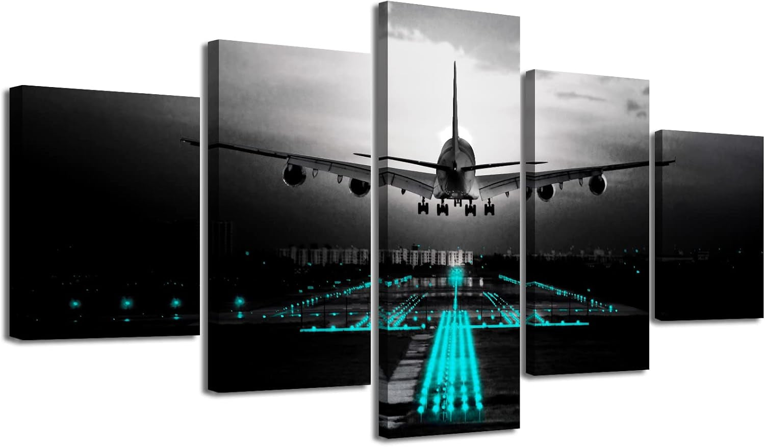 Boys Room Decor Black and White Wall Art Airplant Landing Pictures Modern Aviation Artwork Decorations 60" W X 32" H 5 Pieces