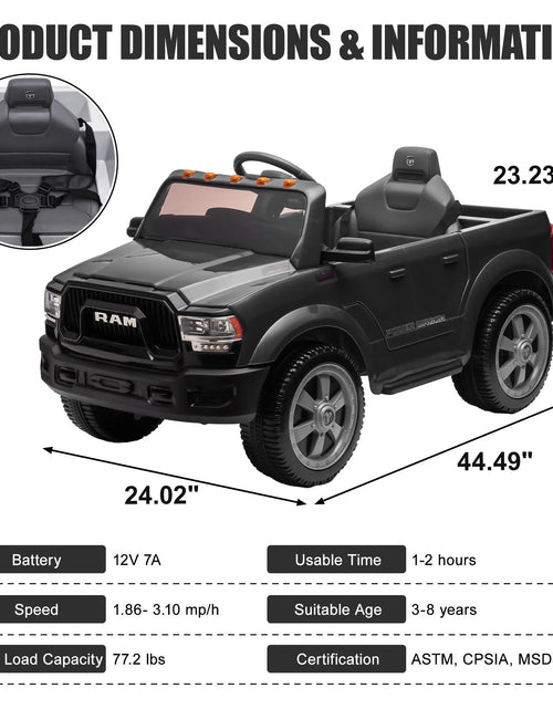 Load image into Gallery viewer, Dodge RAM Ride on Car, 12V Powered Ride on Toy with Remote Control, Rear Wheel Suspension, 5 Point Safety Belt, MP3 Player, Bluetooth, LED Lights, Electric Vehicles for 3-8 Years Boys Girls, Red
