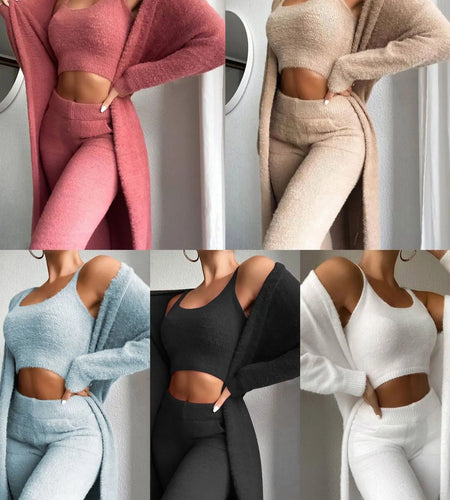Fall Winter Fashion Women Sweater Pajamas Set Cozy Lounge Wear Fuzzy Fleece Sleepwear with Robe 3 Pieces Lounge Wear Sets