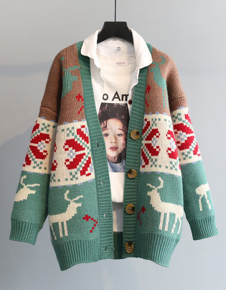 Women's Christmas Fawn Jacquard Vintage Blouse Jacket