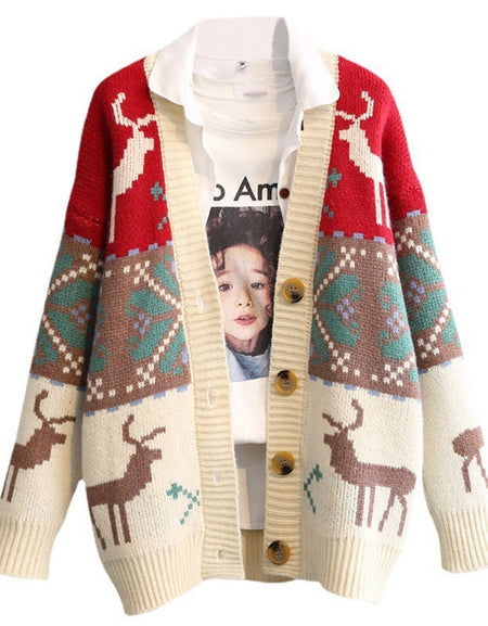 Women's Christmas Fawn Jacquard Vintage Blouse Jacket