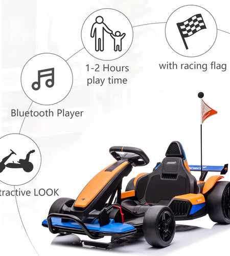 Licensed Mclaren Kids Go Kart, 24V Battery Powered Ride on Car Toy with Bluetooth Function, Safety Belt, LED Lights, Two-Mode Electric Go Cart, Drift Racer Car for Boys Girls