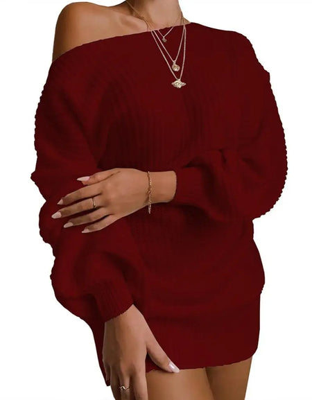 Womens Dresses Spring Fashion Cold Shoulder Lantern Sleeve Casual Plain Long Sleeve Daily Mini Knit Sweater Dress Woman Clothing