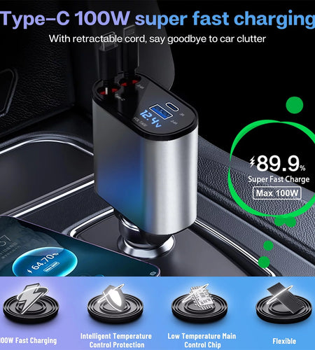 4 in 1 Retractable Car Charger, 100W Fast Car Phone Charger with Iphone and Type C Cable and 2 Charging Ports Car Charger Adapter