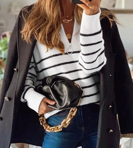 Sweaters for Women Quarter Zip Striped Sweaters Knitted Warm Pullover Sweaters