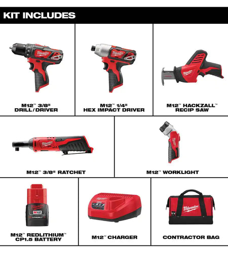 M12 12V Lithium-Ion Cordless Combo Kit (5-Tool) with Two 1.5 Ah Batteries, Charger and Tool Bag