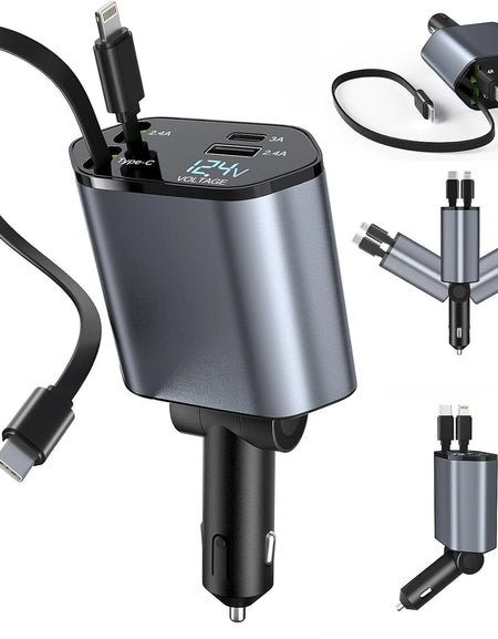 Retractable Car Charger 120W Fast Charger, 4-In-1 Fast Charging Car Phone Charger
