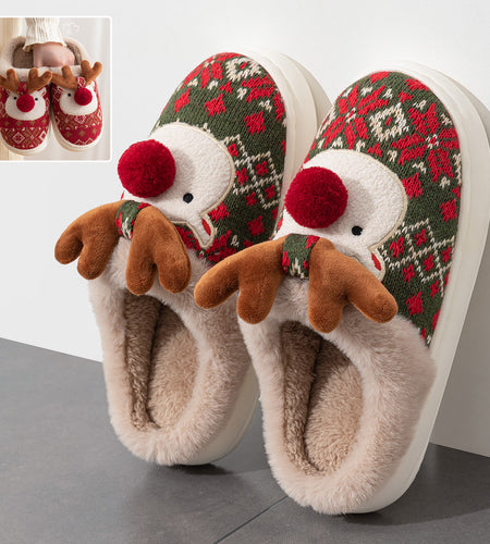 Cute Christmas Elk Plush Slippers Winter Ins Fashion Non-slip Floor Bedroom Home Slippers For Women Fuzzy House Shoes