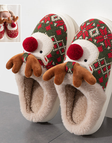 Cute Christmas Elk Plush Slippers Winter Ins Fashion Non-slip Floor Bedroom Home Slippers For Women Fuzzy House Shoes