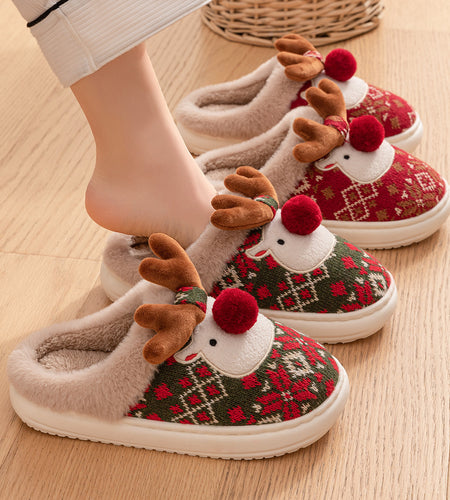 Cute Christmas Elk Plush Slippers Winter Ins Fashion Non-slip Floor Bedroom Home Slippers For Women Fuzzy House Shoes