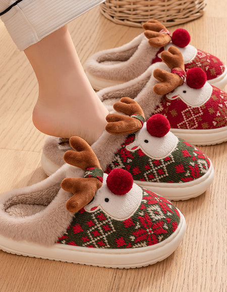 Cute Christmas Elk Plush Slippers Winter Ins Fashion Non-slip Floor Bedroom Home Slippers For Women Fuzzy House Shoes