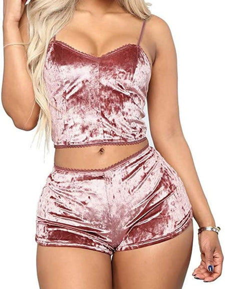 Women'S Velvet 2 Piece Outfit Spaghetti Strap Sleeveless Crop Top Camisole and Shorts Pajamas Set Sleepwear Nightwear