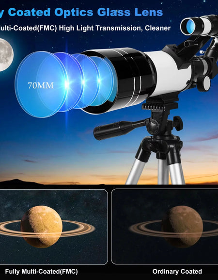 Telescope for Adults Astronomy, 300/70 Portable Refractor Telescope (15X-150X) with a Phone Adapter & Adjustable Tripod for Kids Astronomy Beginners, Xmas Birthday Gifts for Adults Kids