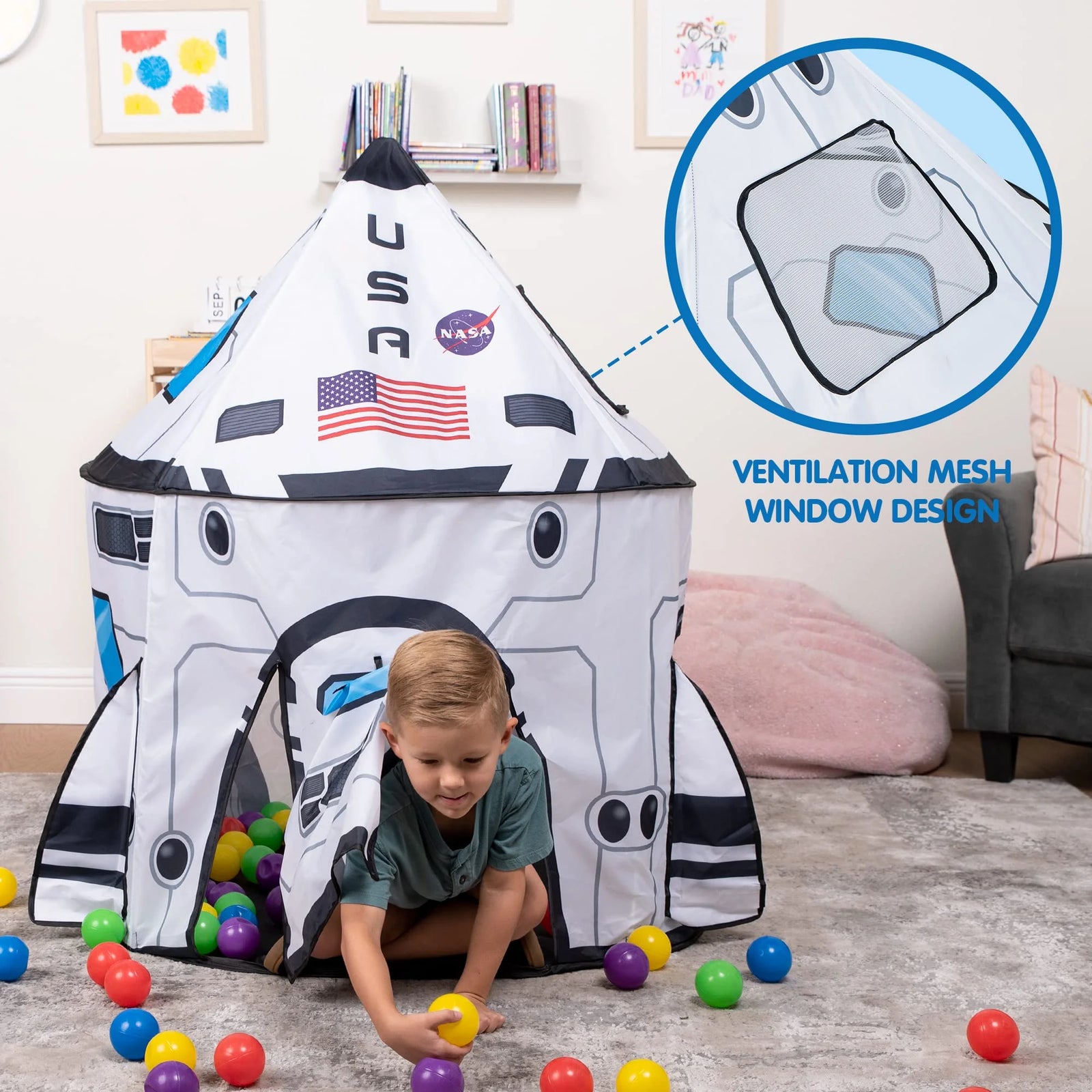 Rocket Ship Play Tents Set for Child, Pop up Playhouse with Tunnel, Kids Pretend Play