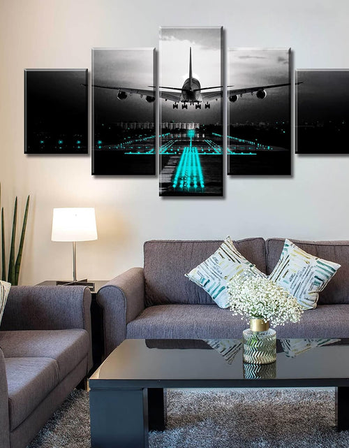 Load image into Gallery viewer, Boys Room Decor Black and White Wall Art Airplant Landing Pictures Modern Aviation Artwork Decorations 60&quot; W X 32&quot; H 5 Pieces
