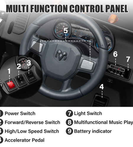 Dodge RAM Ride on Car, 12V Powered Ride on Toy with Remote Control, Rear Wheel Suspension, 5 Point Safety Belt, MP3 Player, Bluetooth, LED Lights, Electric Vehicles for 3-8 Years Boys Girls, Red