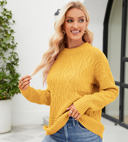 Casual Round-neck Pullover Sweater Fall Winter Solid Color Cable-knot Pattern Tops Women Clothing