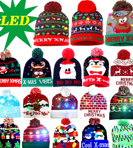 New Style! LED Christmas Hat Beanie Light up Illuminate Warm Hat 48 Patterns New Year Snowman Sweater Hat Christmas Decorations