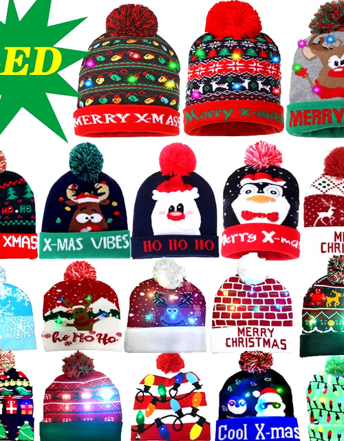 Load image into Gallery viewer, New Style! LED Christmas Hat Beanie Light up Illuminate Warm Hat 48 Patterns New Year Snowman Sweater Hat Christmas Decorations
