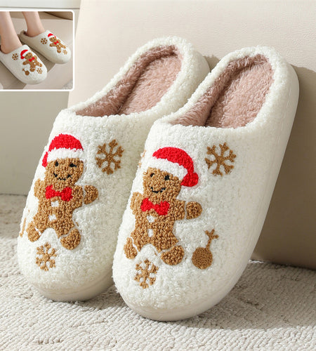 Christmas Snowflake Gingerbread Slippers Winter Indoor Non-slip Floor Bedroom Fuzzy House Shoes For Women Home Slippers