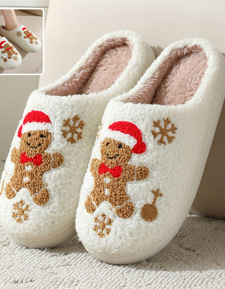 Christmas Snowflake Gingerbread Slippers Winter Indoor Non-slip Floor Bedroom Fuzzy House Shoes For Women Home Slippers