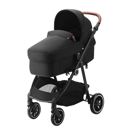 Standard Baby Stroller, Infant Toddler Stroller with Bassinet, 3Rd-Gear Adjustable Backrest & Foldable & Reversible Seat, Carbon Steel Newborn Stroller with Leg Cover and Mesh Net, Black