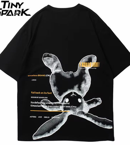 Hip Hop Streetwear Tshirt 2023 Men Cute Rabbit Letter Printed T-Shirt Harajuku Cotton Spring Summer Short Sleeve Tops Tees Black