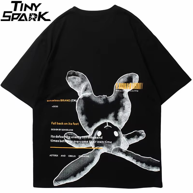 Hip Hop Streetwear Tshirt 2023 Men Cute Rabbit Letter Printed T-Shirt Harajuku Cotton Spring Summer Short Sleeve Tops Tees Black