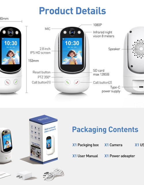 Load image into Gallery viewer, Baby Monitor with Two Way Video Call, 1080P HD Wifi Cameras W/ 2.8” Screen for Home Security/Baby Monitor/Pet Camera, AI Motion Detection&amp;One-Click Call, Full-Color Night Vision for Baby Pet Elderly
