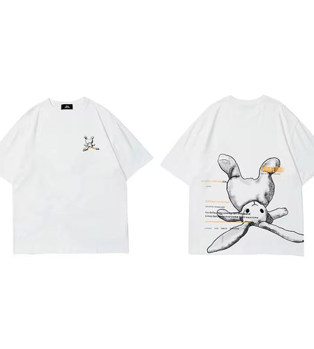 Hip Hop Streetwear Tshirt 2023 Men Cute Rabbit Letter Printed T-Shirt Harajuku Cotton Spring Summer Short Sleeve Tops Tees Black