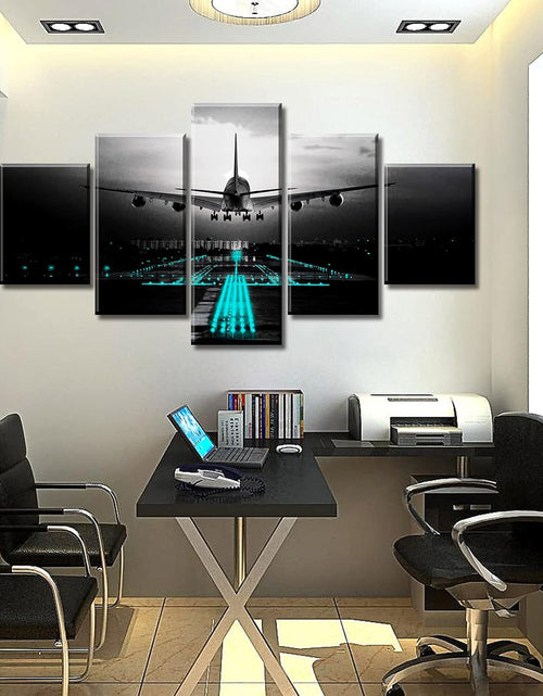 Load image into Gallery viewer, Boys Room Decor Black and White Wall Art Airplant Landing Pictures Modern Aviation Artwork Decorations 60&quot; W X 32&quot; H 5 Pieces
