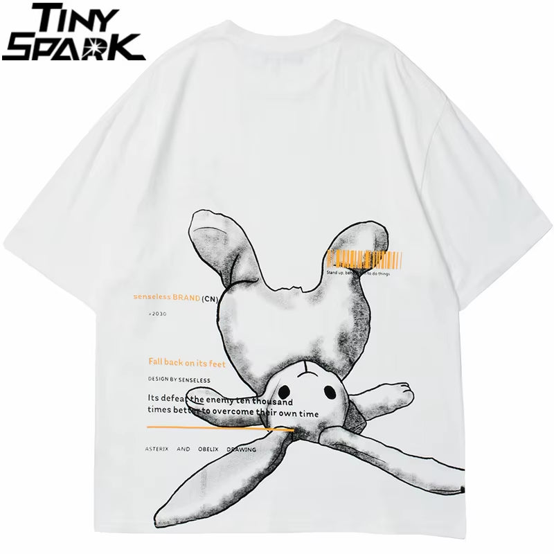 Hip Hop Streetwear Tshirt 2023 Men Cute Rabbit Letter Printed T-Shirt Harajuku Cotton Spring Summer Short Sleeve Tops Tees Black