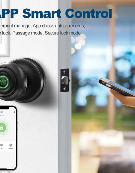 Smart Door Lock, Fingerprint Door Lock Smart Lock Biometric Door Lock Fingerprint Door Knob with App Control, Suitable for Bedrooms,Cloakroom,Apartments Offices,Hotels, Black