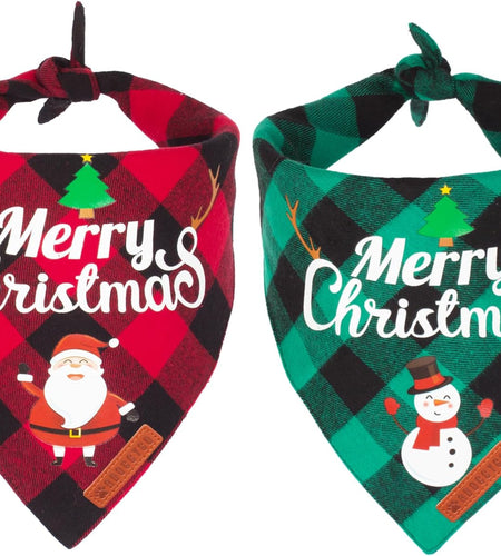 2 Pack Dog Bandana Christmas Classic Plaid Pet Scarf Triangle Bibs Kerchief Merry Christmas Santa Snowman Print Pet Bandana for Medium Large Dogs Pets (Large, Red&Green)