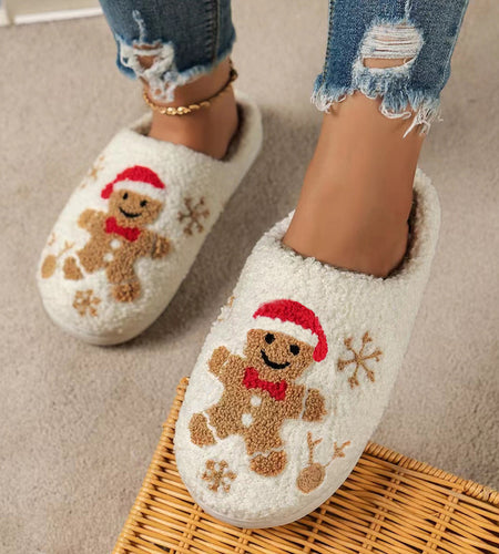 Christmas Snowflake Gingerbread Slippers Winter Indoor Non-slip Floor Bedroom Fuzzy House Shoes For Women Home Slippers