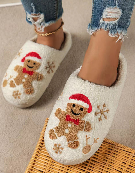 Christmas Snowflake Gingerbread Slippers Winter Indoor Non-slip Floor Bedroom Fuzzy House Shoes For Women Home Slippers