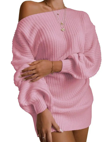 Womens Dresses Spring Fashion Cold Shoulder Lantern Sleeve Casual Plain Long Sleeve Daily Mini Knit Sweater Dress Woman Clothing