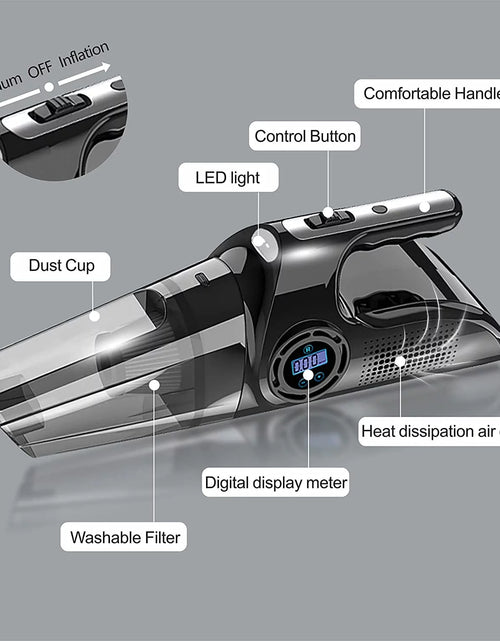 Load image into Gallery viewer, Portable Car Vacuum Cleaner, USB Charging Wireless Handheld Tire Inflator Air Compressor with Digital Tire Pressure Gauge LCD Display and LED Light, HEPA Filter, Tire Repair Tool
