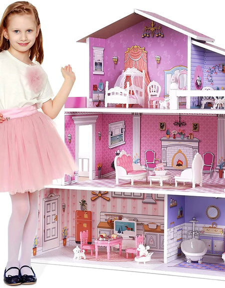Victoria Wooden Dollhouse for Kids Furniture Preschool Dollhouse House Toy for Toddlers Girls
