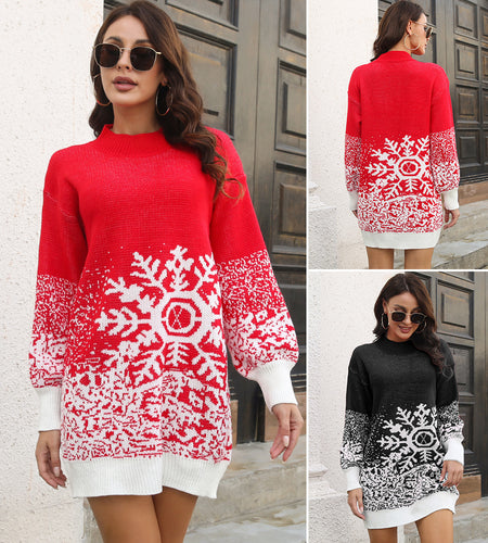 Christmas Snowflake Sweater Dress Loose Pullover Knitted Dresses Fall Winter Women's Clothing