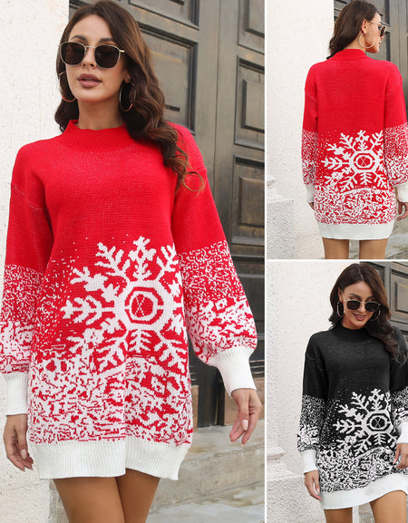 Christmas Snowflake Sweater Dress Loose Pullover Knitted Dresses Fall Winter Women's Clothing
