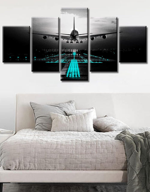 Load image into Gallery viewer, Boys Room Decor Black and White Wall Art Airplant Landing Pictures Modern Aviation Artwork Decorations 60&quot; W X 32&quot; H 5 Pieces
